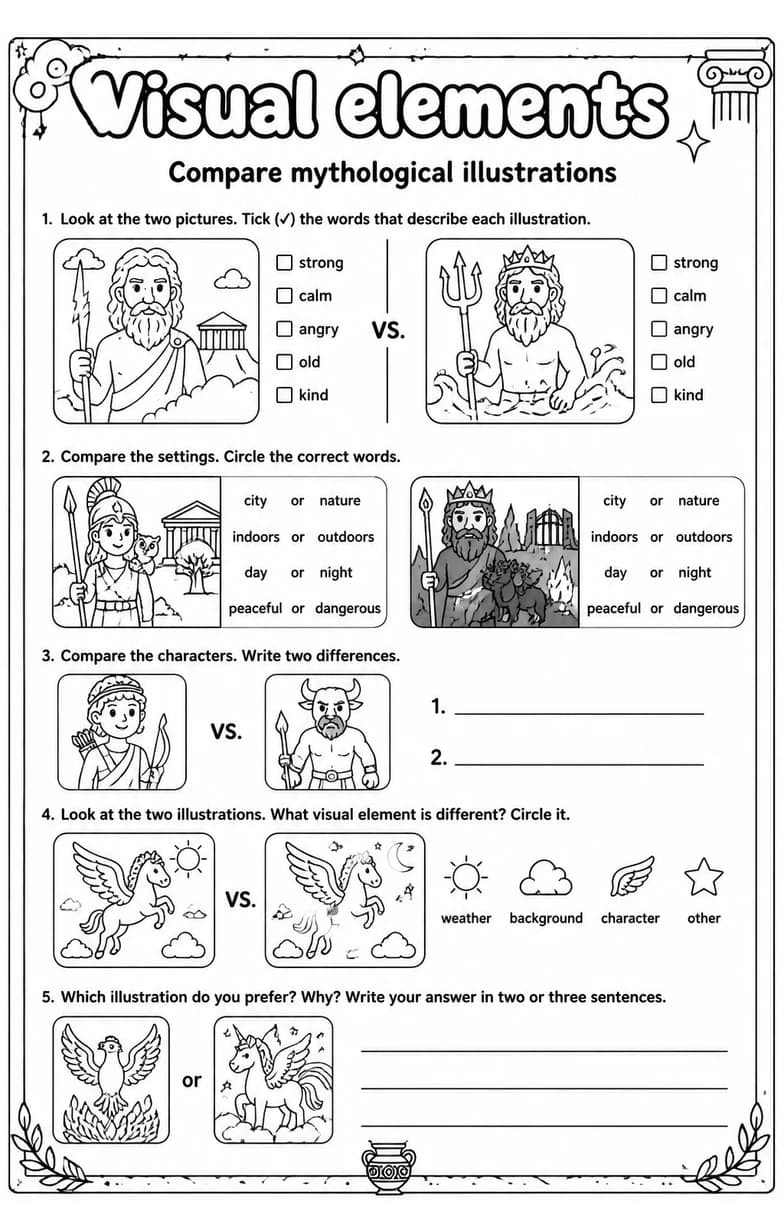 Compare mythological illustrations — free printable Reading strategies English worksheet