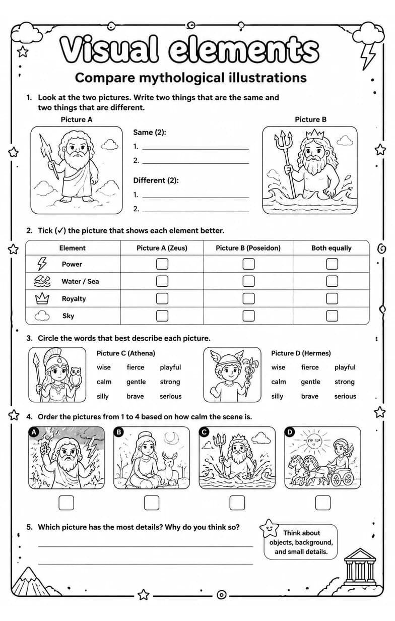 Compare mythological illustrations — free printable Reading strategies English worksheet