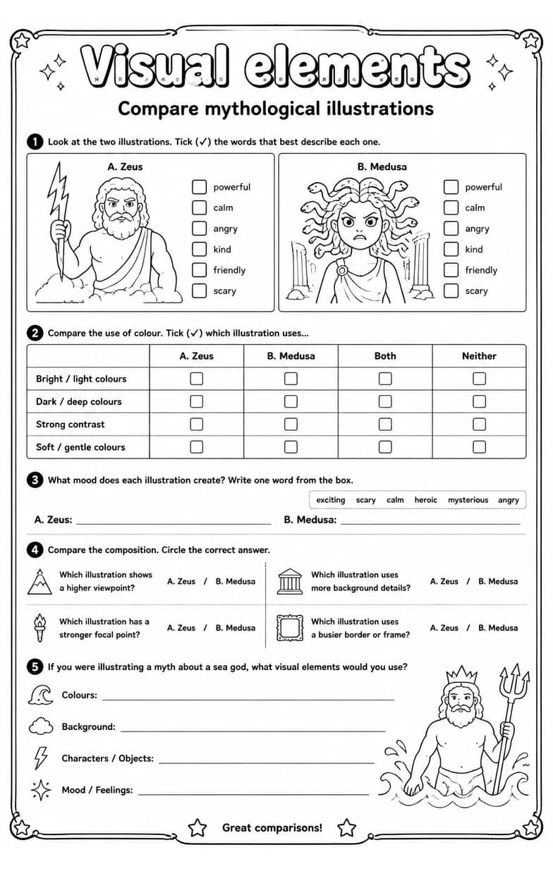 Compare mythological illustrations — free printable Reading strategies English worksheet