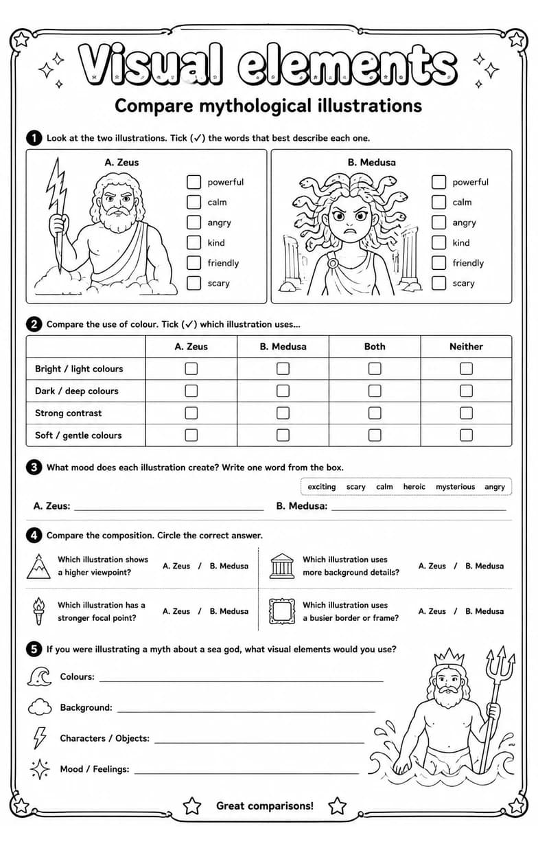 Compare mythological illustrations — free printable Reading strategies English worksheet