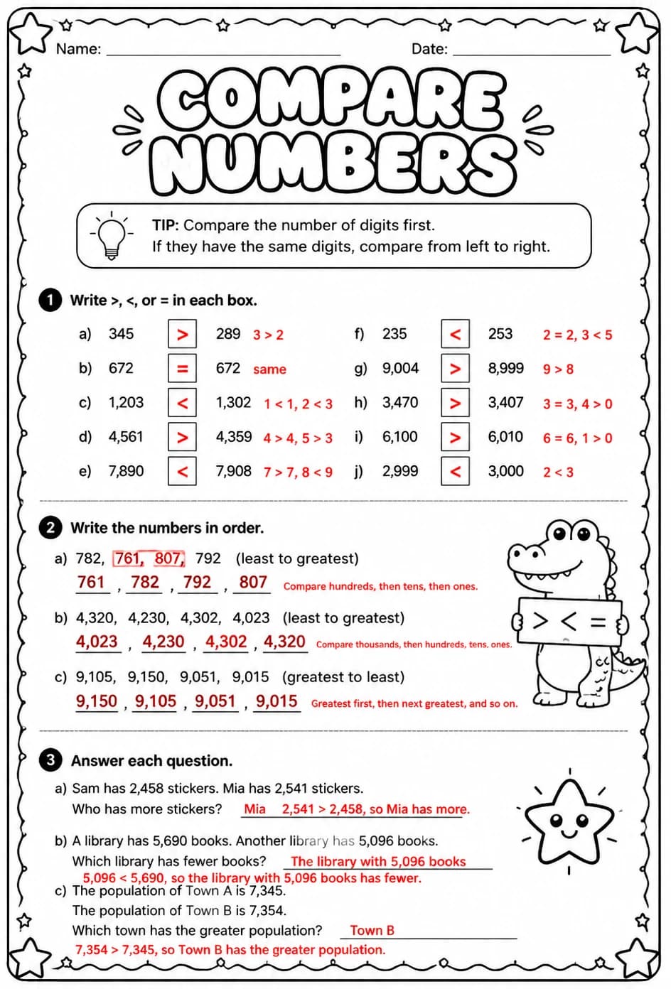 Answer key for Compare numbers — free printable Math worksheet
