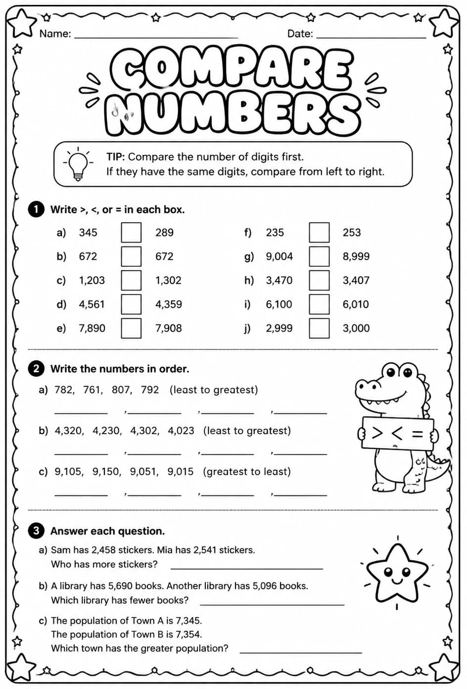 Compare numbers — free printable Grade 3 math worksheet