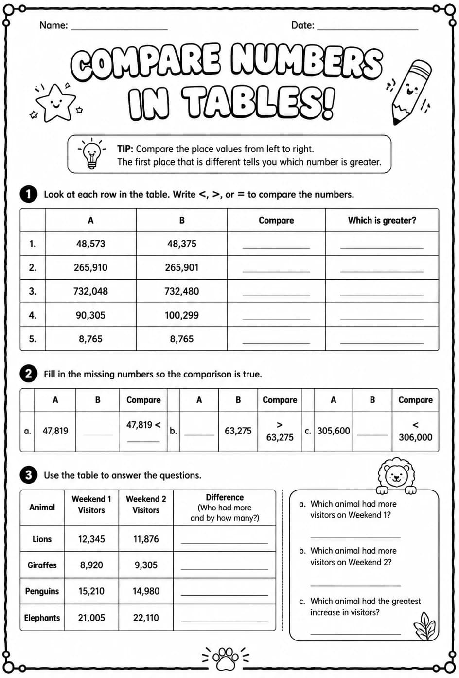 Compare numbers in tables — free printable Grade 4 math worksheet