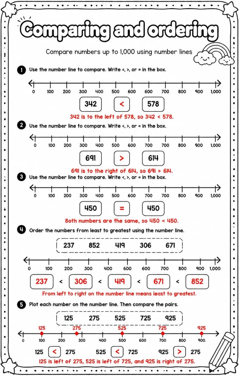 Answer key for Compare numbers up to 1,000 using number lines — free printable Math worksheet