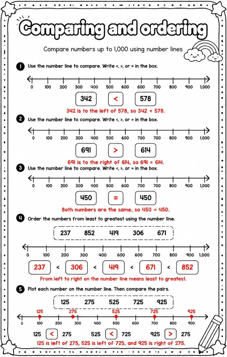 Answer key for Compare numbers up to 1,000 using number lines — free printable Math worksheet