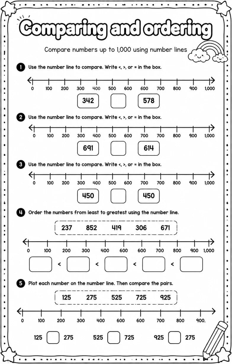 Compare numbers up to 1,000 using number lines — free printable Grade 2 math worksheet