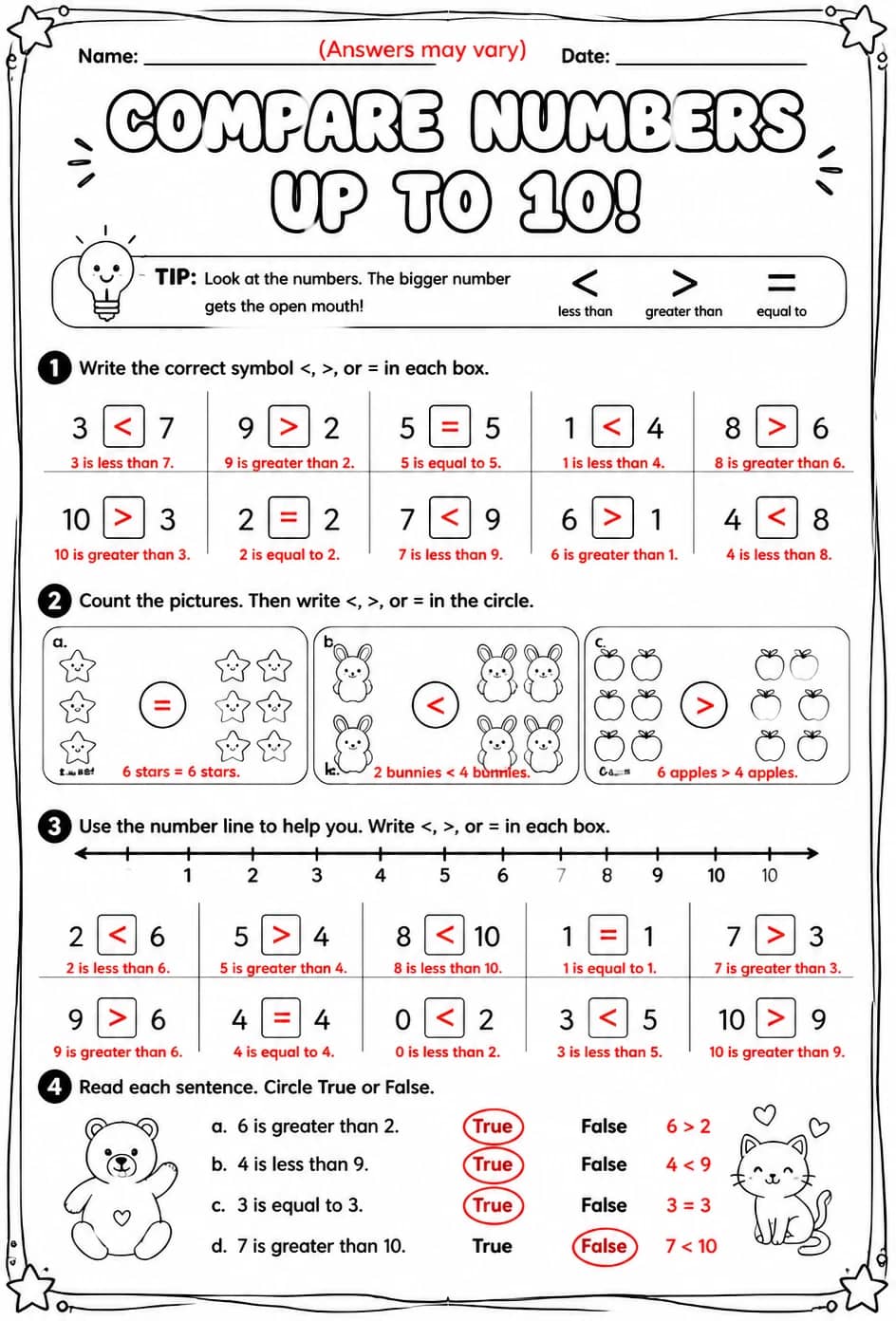 Answer key for Compare numbers up to 10 using symbols — free printable Math worksheet