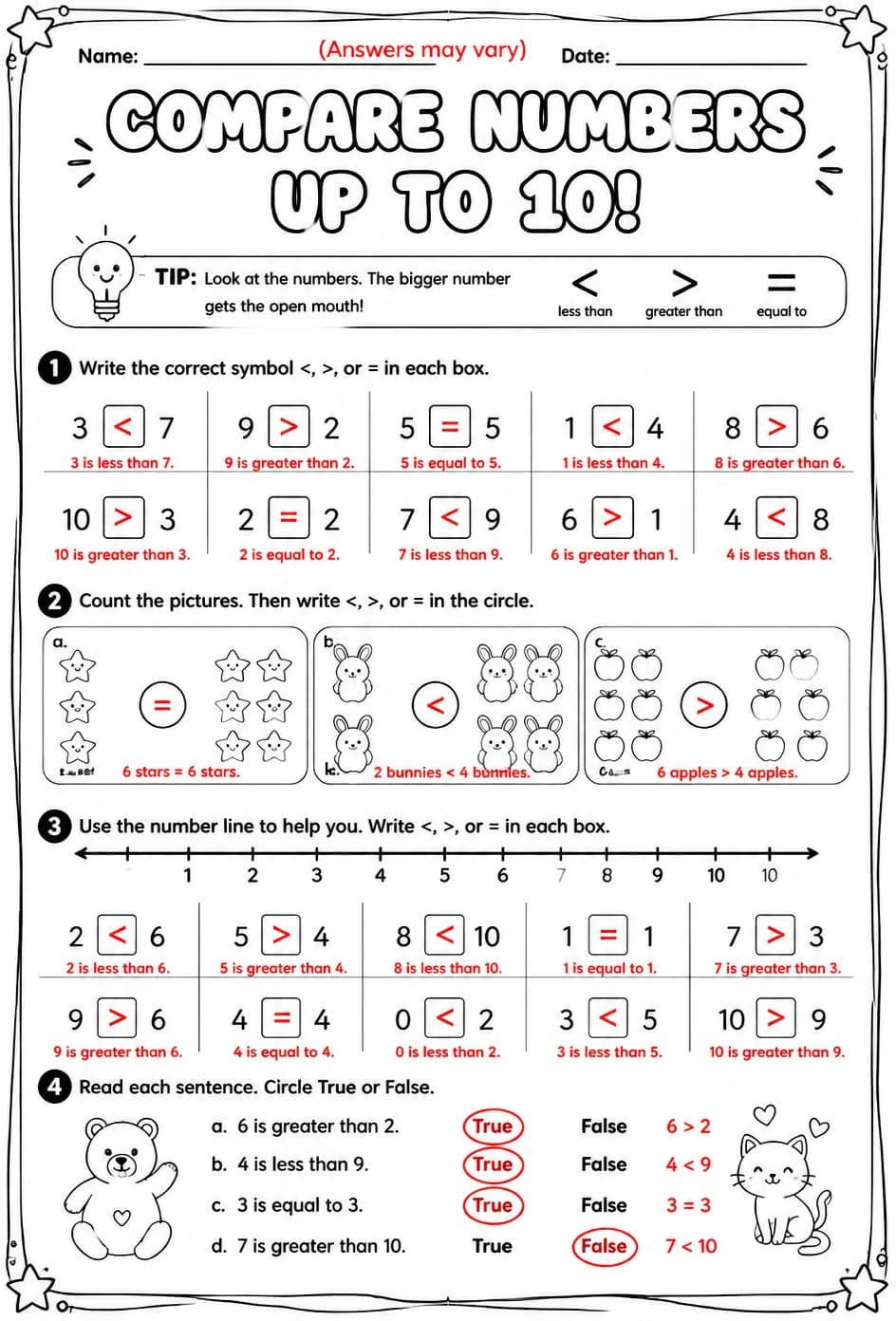 Answer key for Compare numbers up to 10 using symbols — free printable Math worksheet