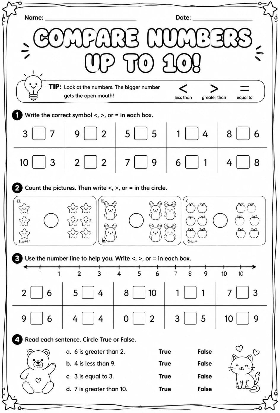 Compare numbers up to 10 using symbols — free printable Grade 1 math worksheet