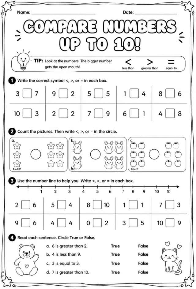 Compare numbers up to 10 using symbols