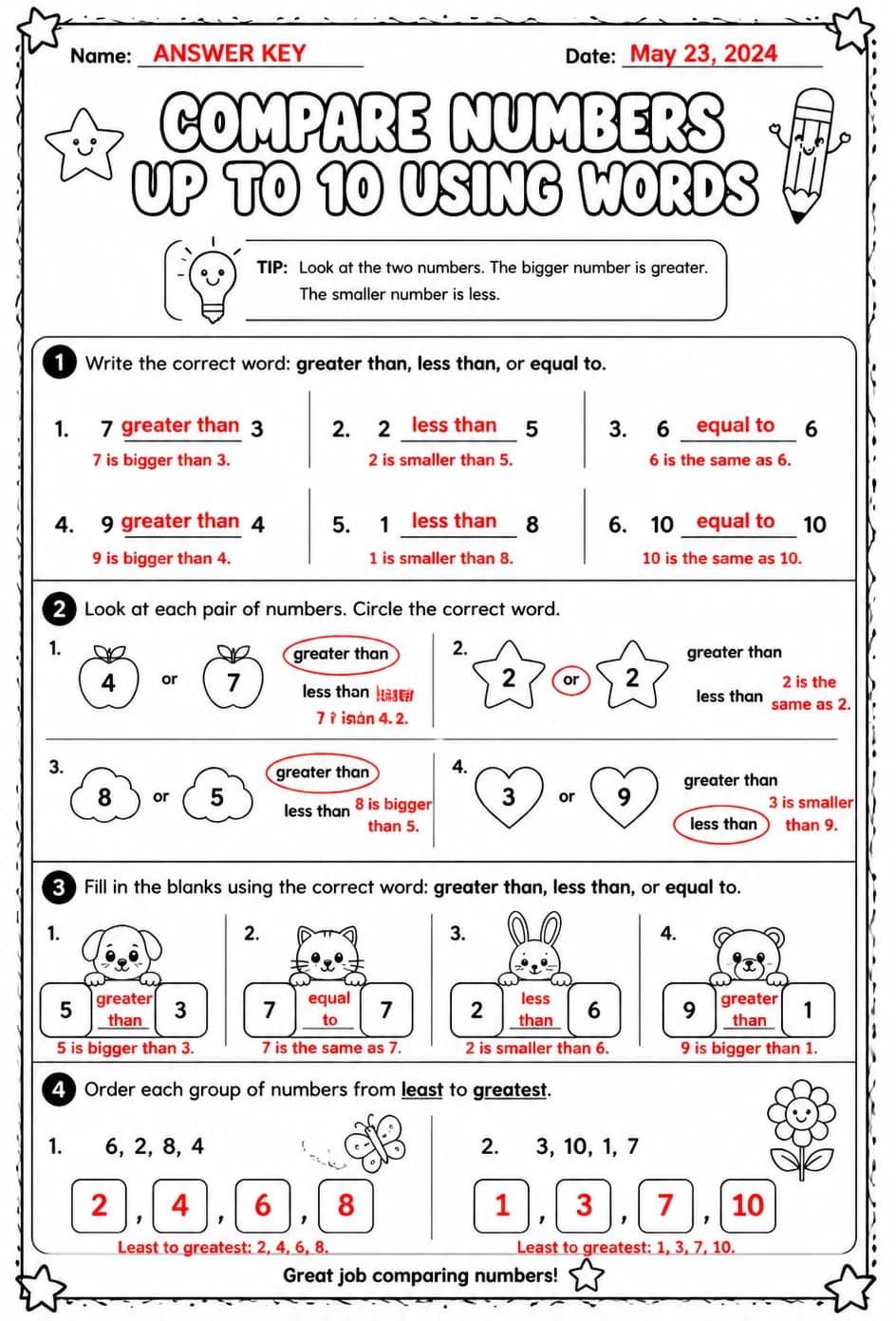Answer key for Compare numbers up to 10 using words — free printable Math worksheet