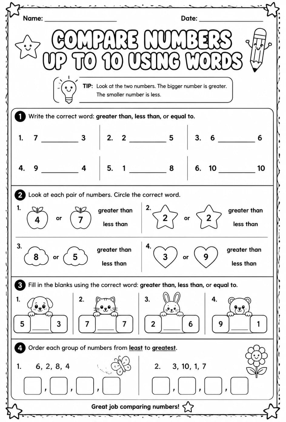 Compare numbers up to 10 using words — free printable Grade 1 math worksheet
