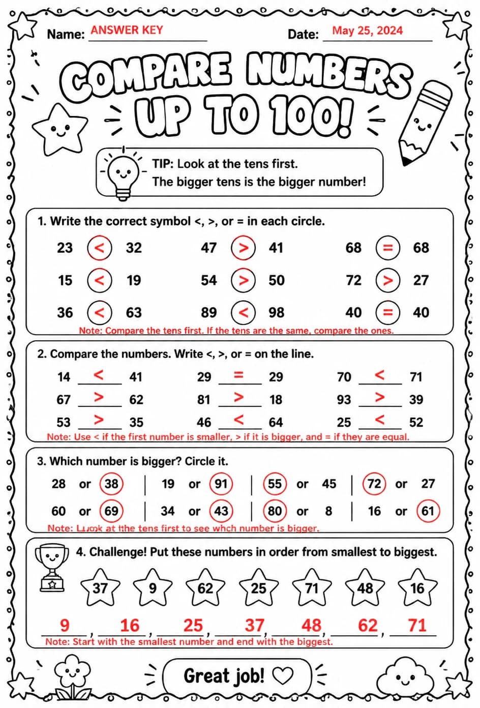 Answer key for Compare numbers up to 100 using symbols — free printable Math worksheet