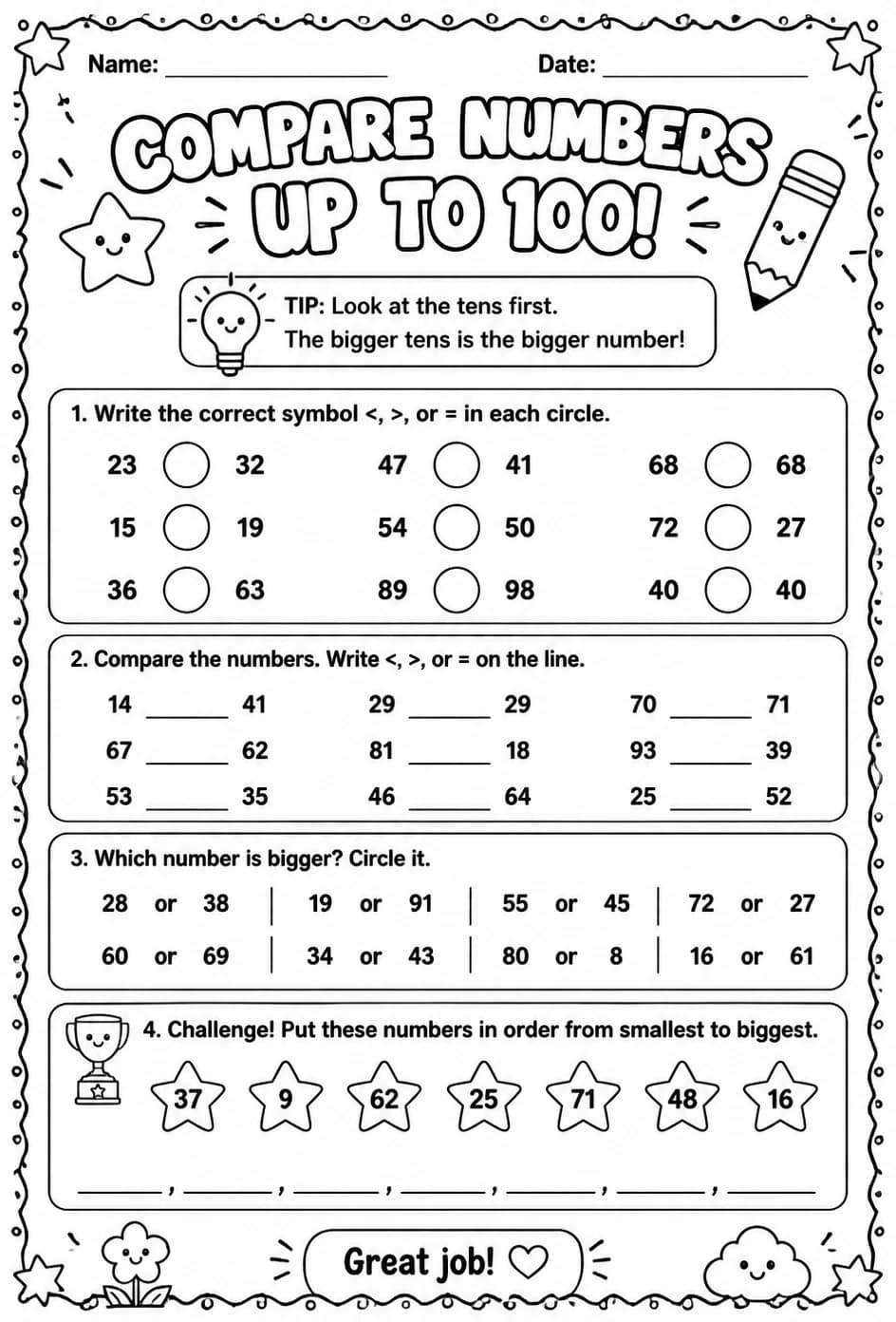 Compare numbers up to 100 using symbols — free printable Grade 1 math worksheet