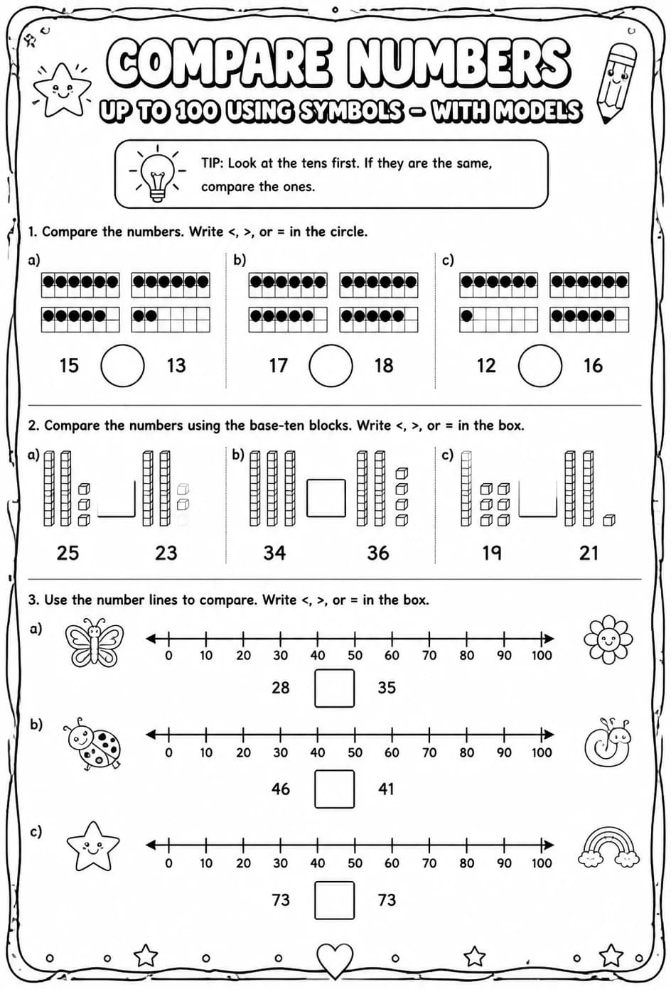 Compare numbers up to 100 using symbols - with models — free printable Grade 1 math worksheet