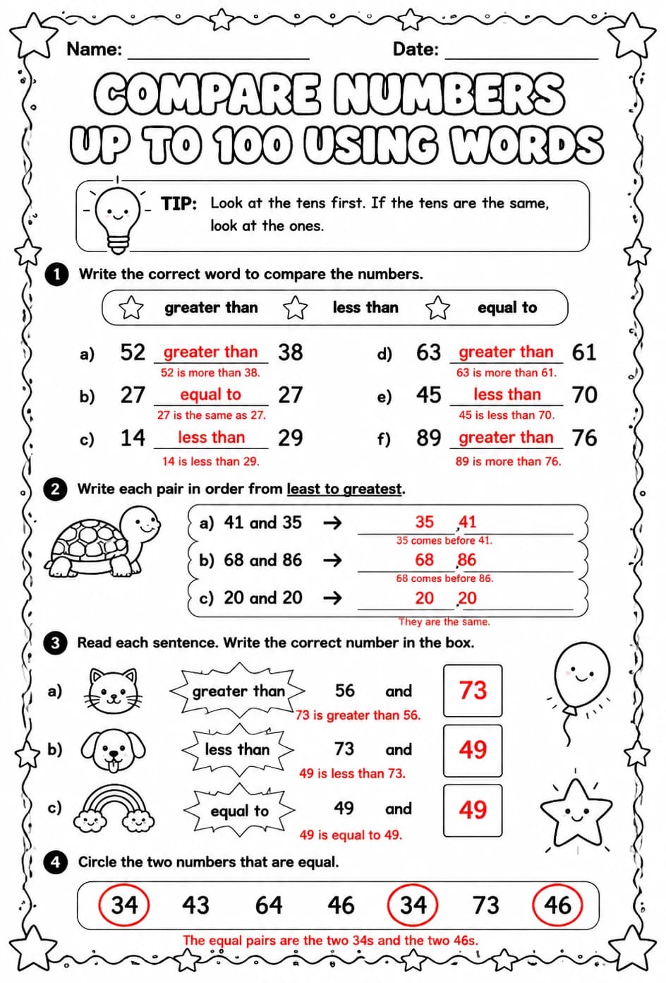 Answer key for Compare numbers up to 100 using words — free printable Math worksheet