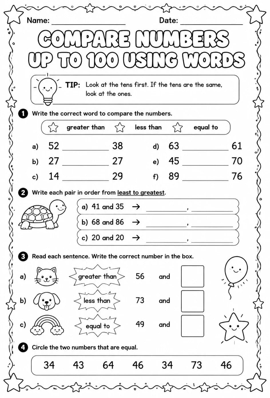 Compare numbers up to 100 using words — free printable Grade 1 math worksheet