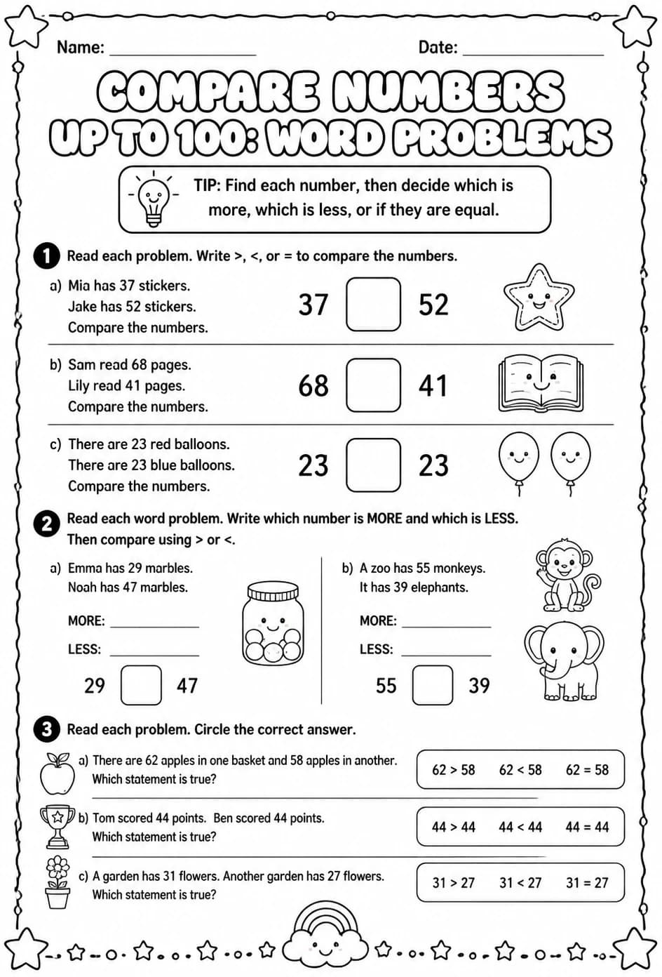 Compare numbers up to 100: word problems — free printable Grade 1 math worksheet