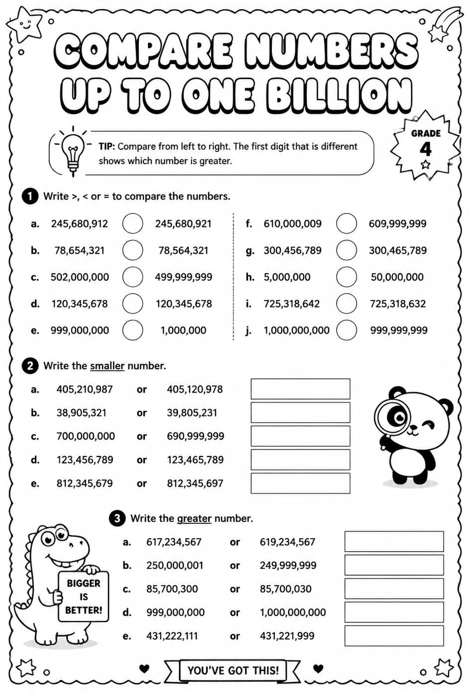 Compare numbers up to one billion — free printable Grade 4 math worksheet
