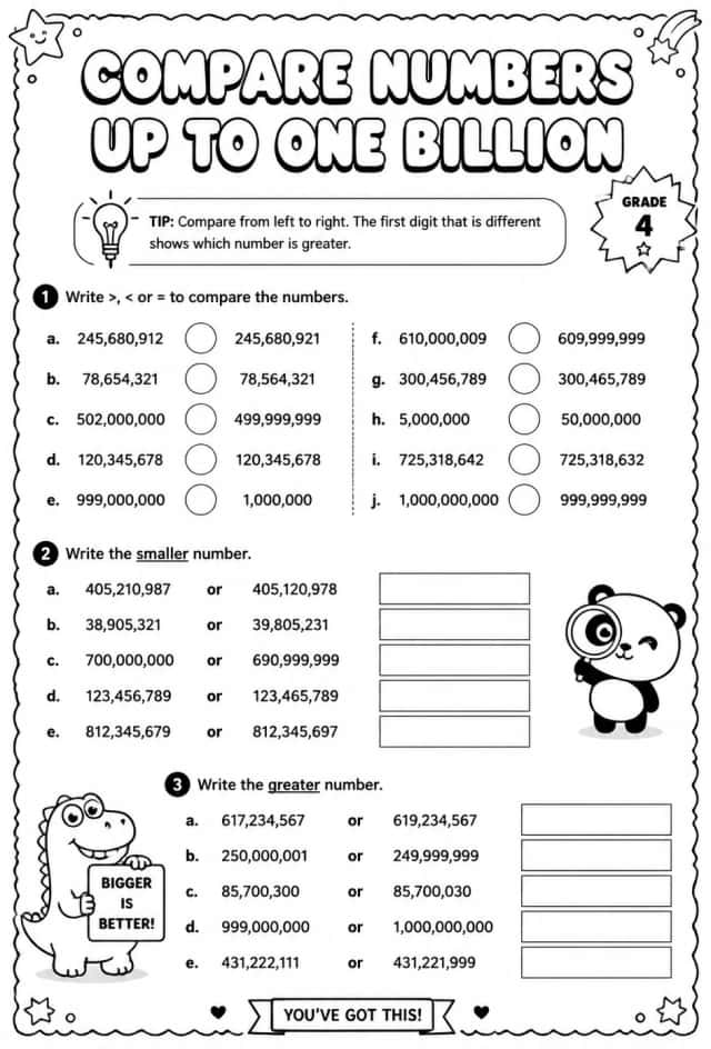 Compare numbers up to one billion