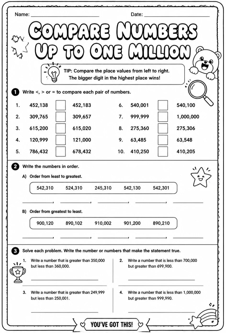 Compare numbers up to one million — free printable Grade 4 math worksheet