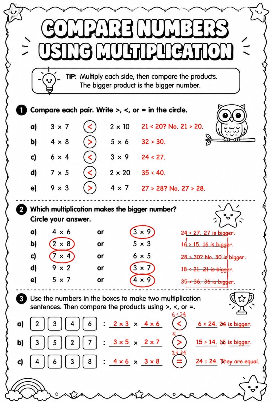 Answer key for Compare numbers using multiplication — free printable Math worksheet