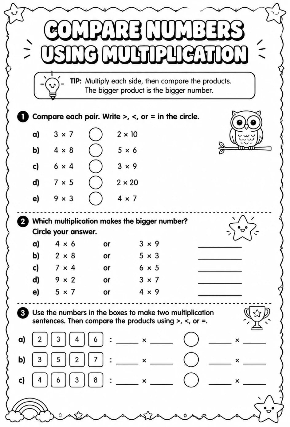 Compare numbers using multiplication — free printable Grade 3 math worksheet