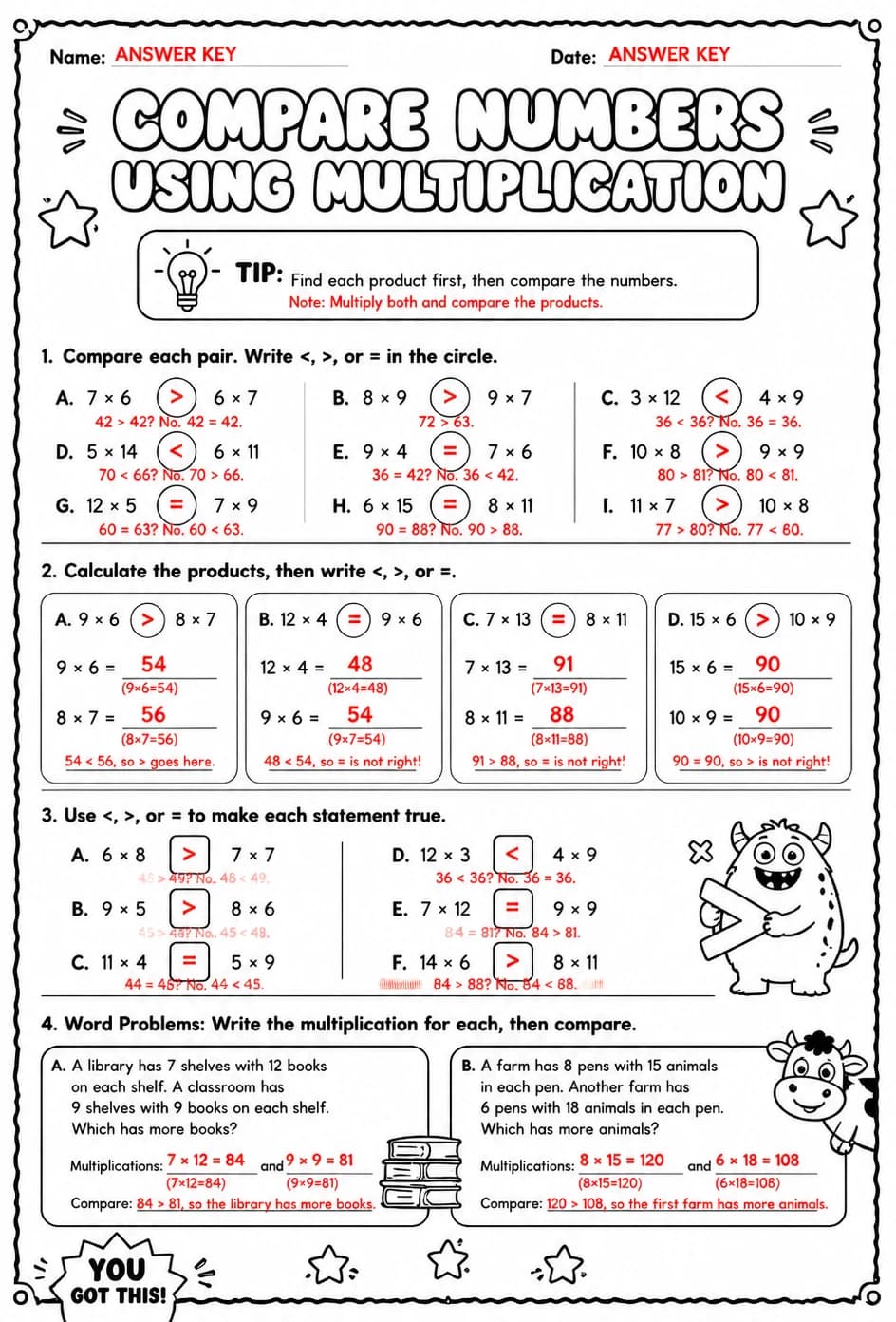 Answer key for Compare numbers using multiplication — free printable Math worksheet