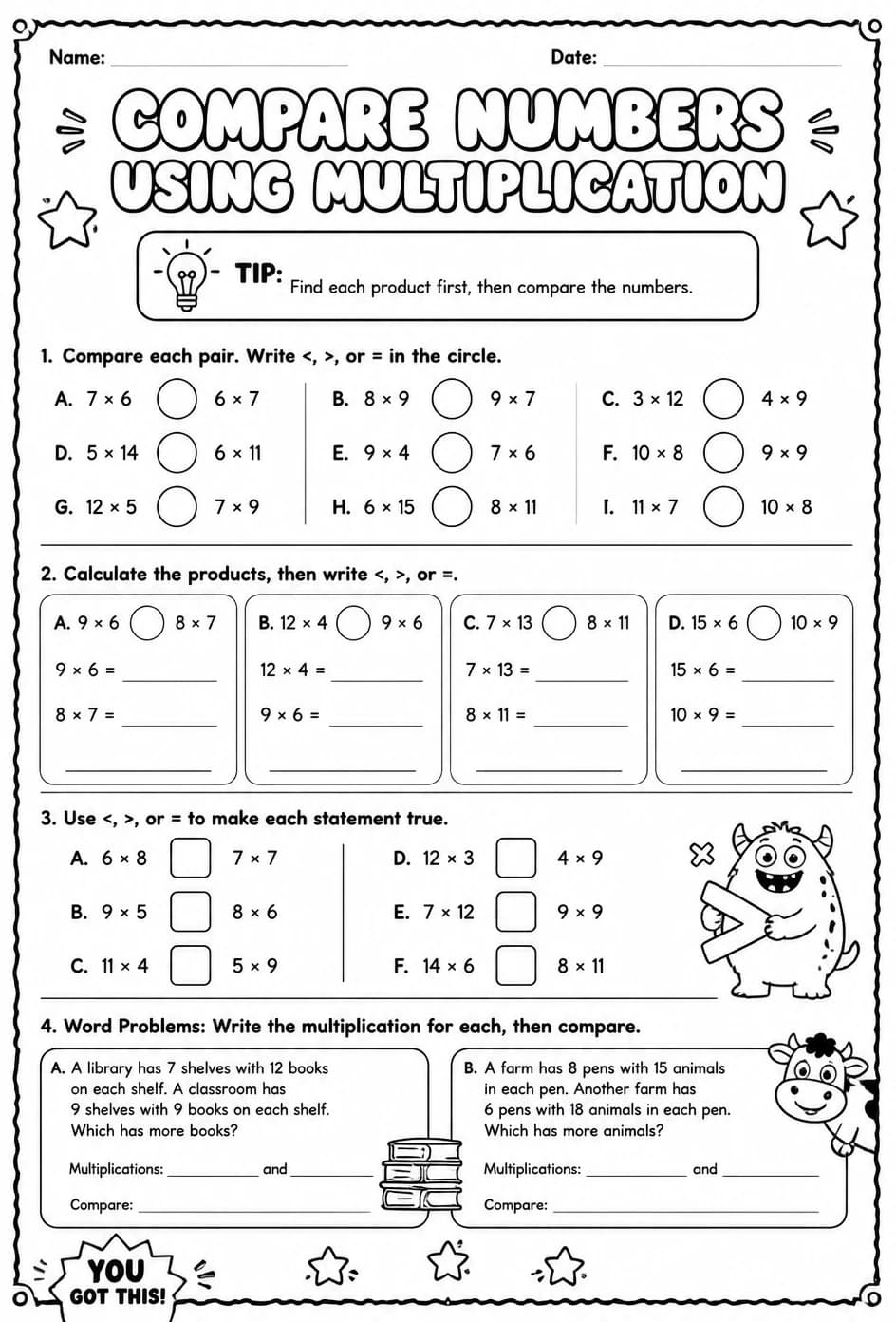 Compare numbers using multiplication — free printable Grade 4 math worksheet