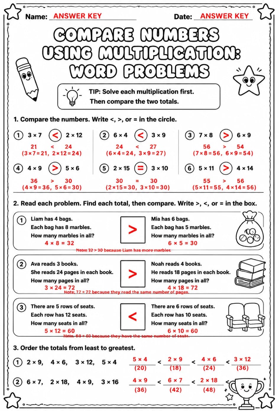 Answer key for Compare numbers using multiplication: word problems — free printable Math worksheet