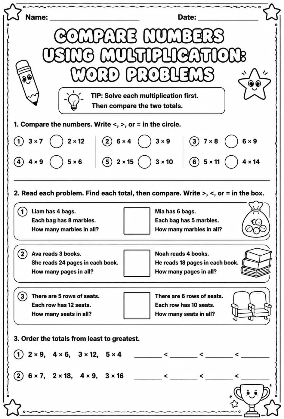 Compare numbers using multiplication: word problems — free printable Grade 3 math worksheet