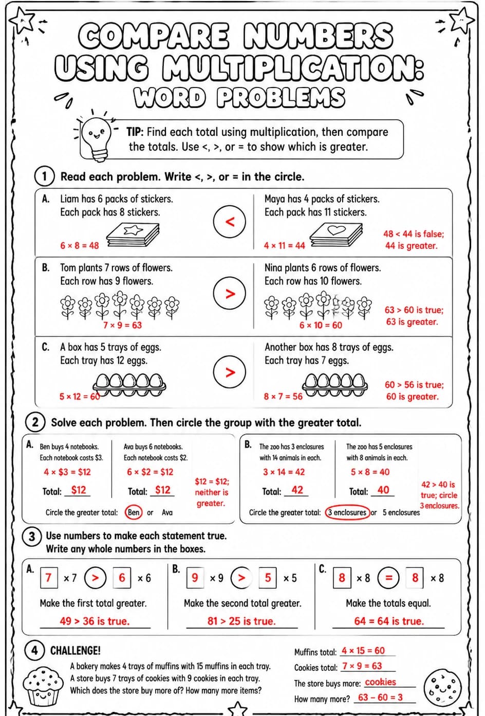 Answer key for Compare numbers using multiplication: word problems — free printable Math worksheet