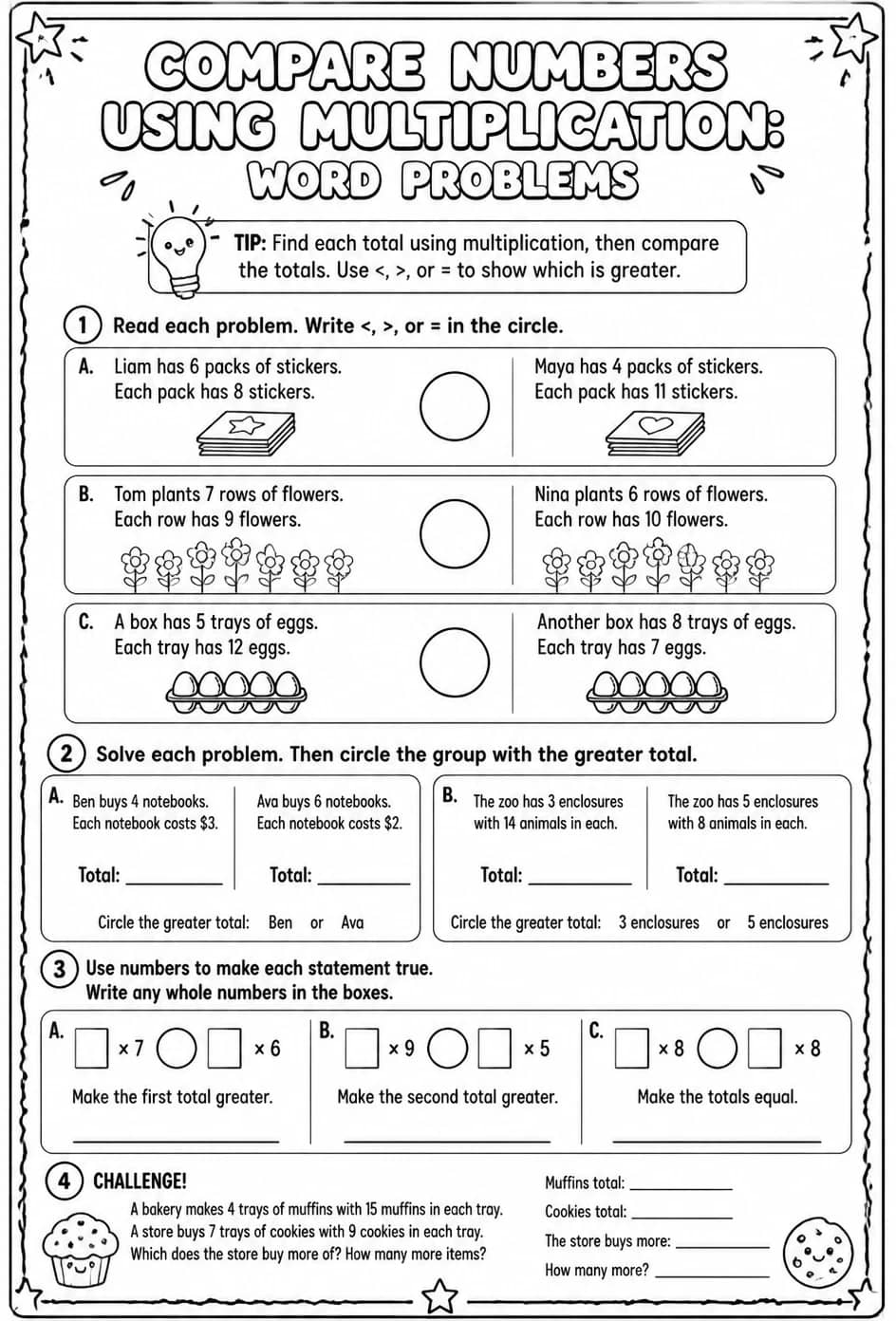 Compare numbers using multiplication: word problems — free printable Grade 4 math worksheet