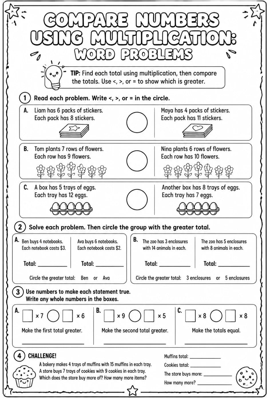 Compare numbers using multiplication: word problems — free printable Grade 4 math worksheet