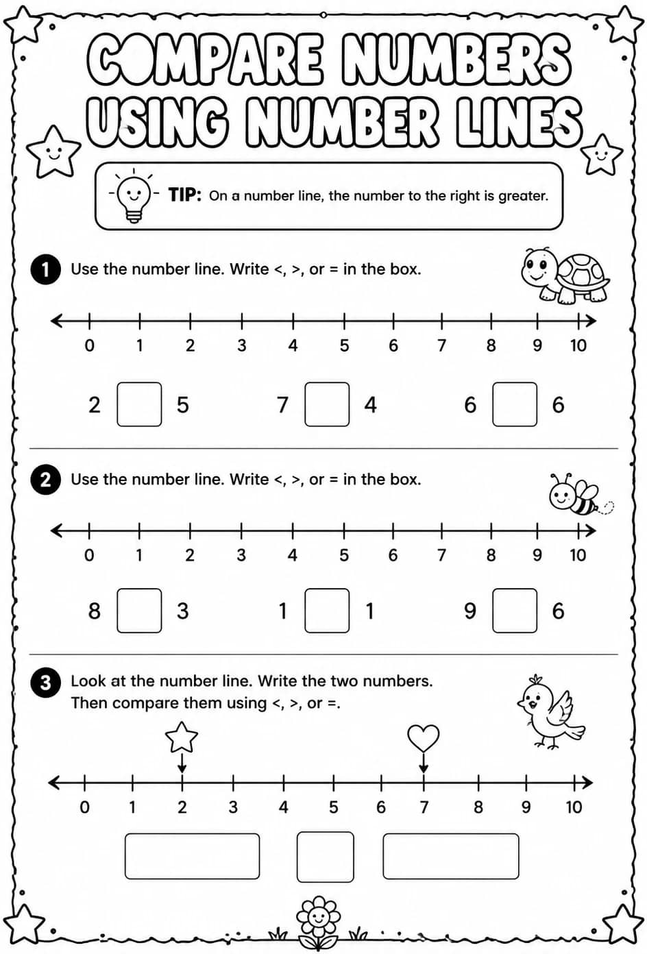 Compare numbers using number lines — free printable Grade 1 math worksheet