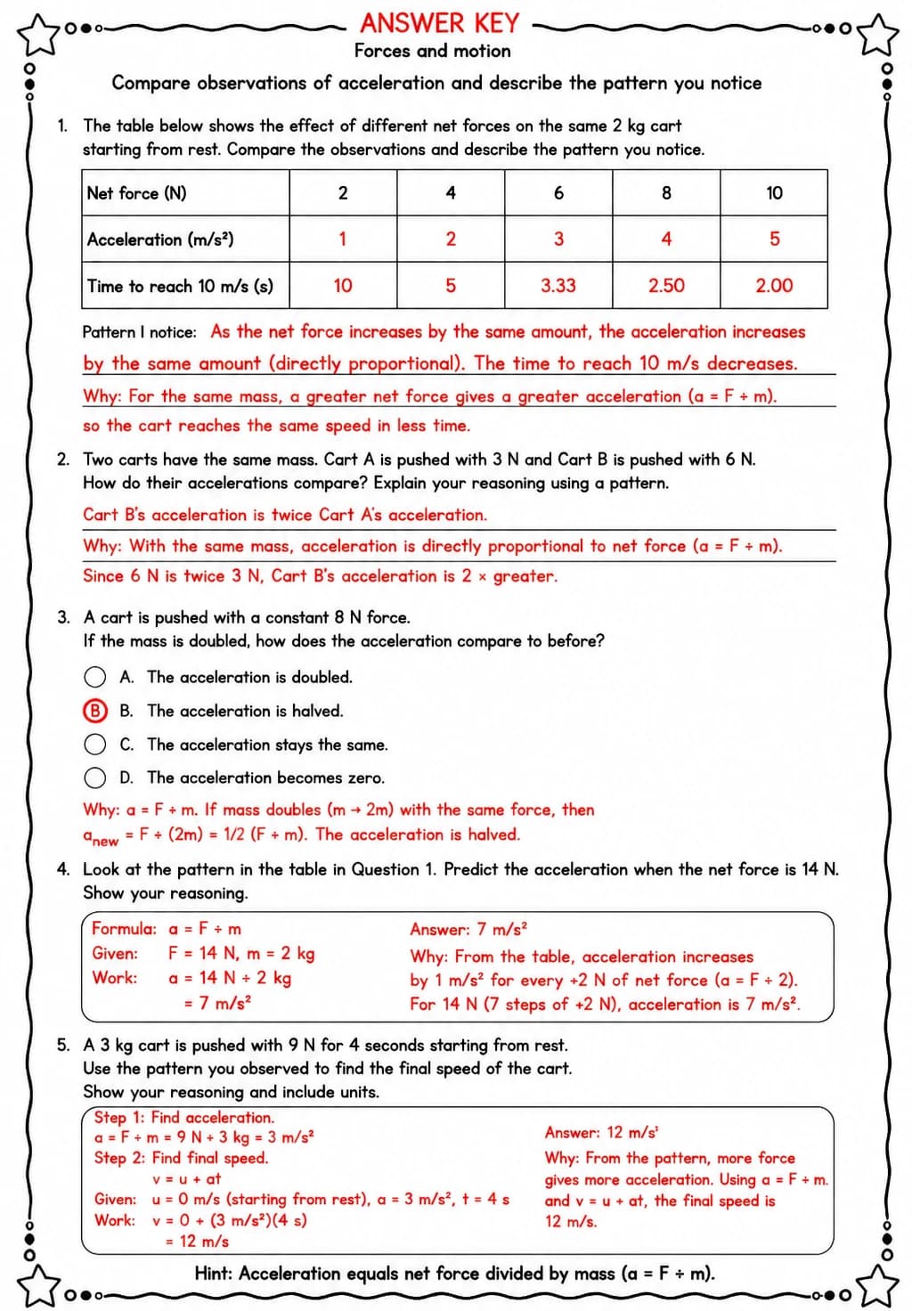 Answer key for Compare observations of acceleration and describe the pattern you notice — free printable Science worksheet