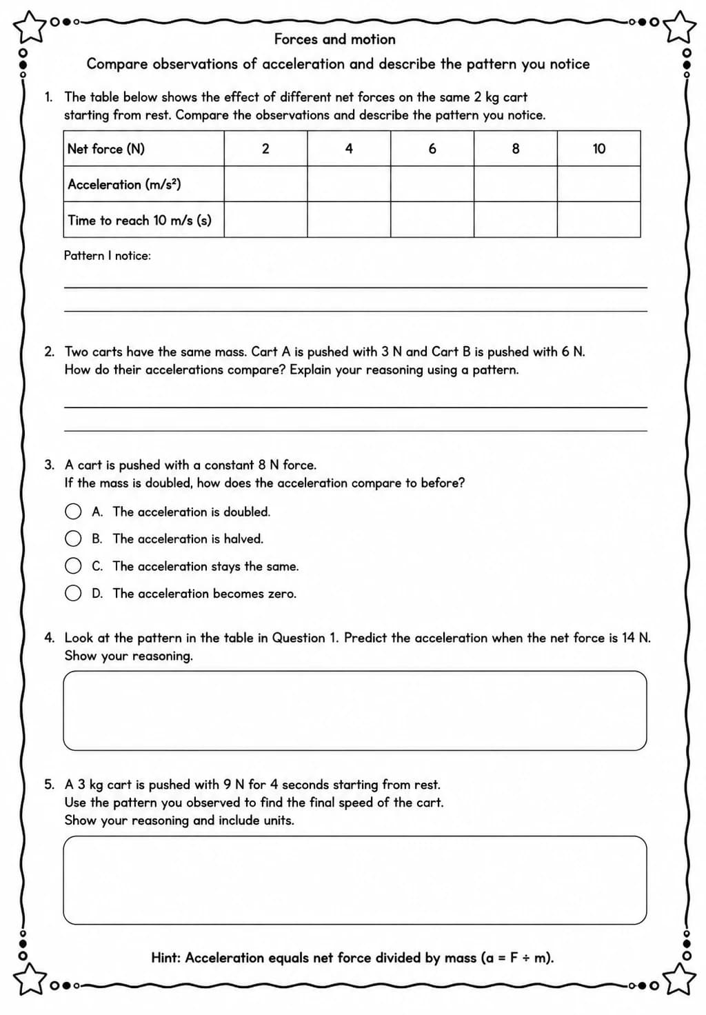 Compare observations of acceleration and describe the pattern you notice — free printable Middle School Science worksheet