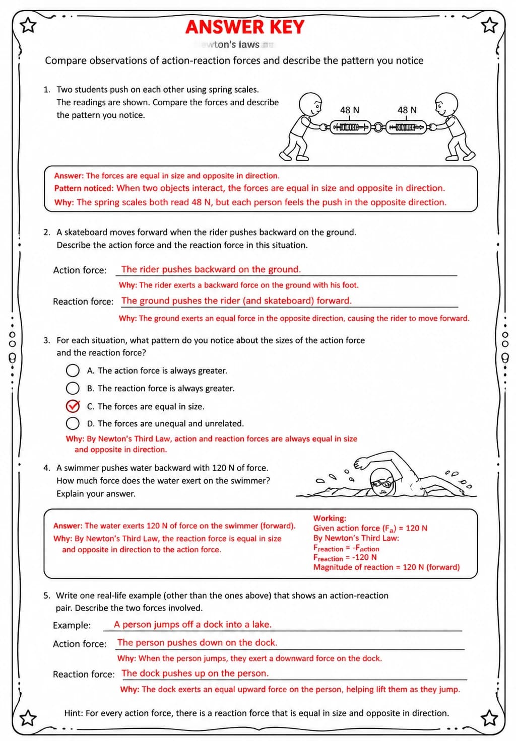 Answer key for Compare observations of action-reaction forces and describe the pattern you notice — free printable Science worksheet
