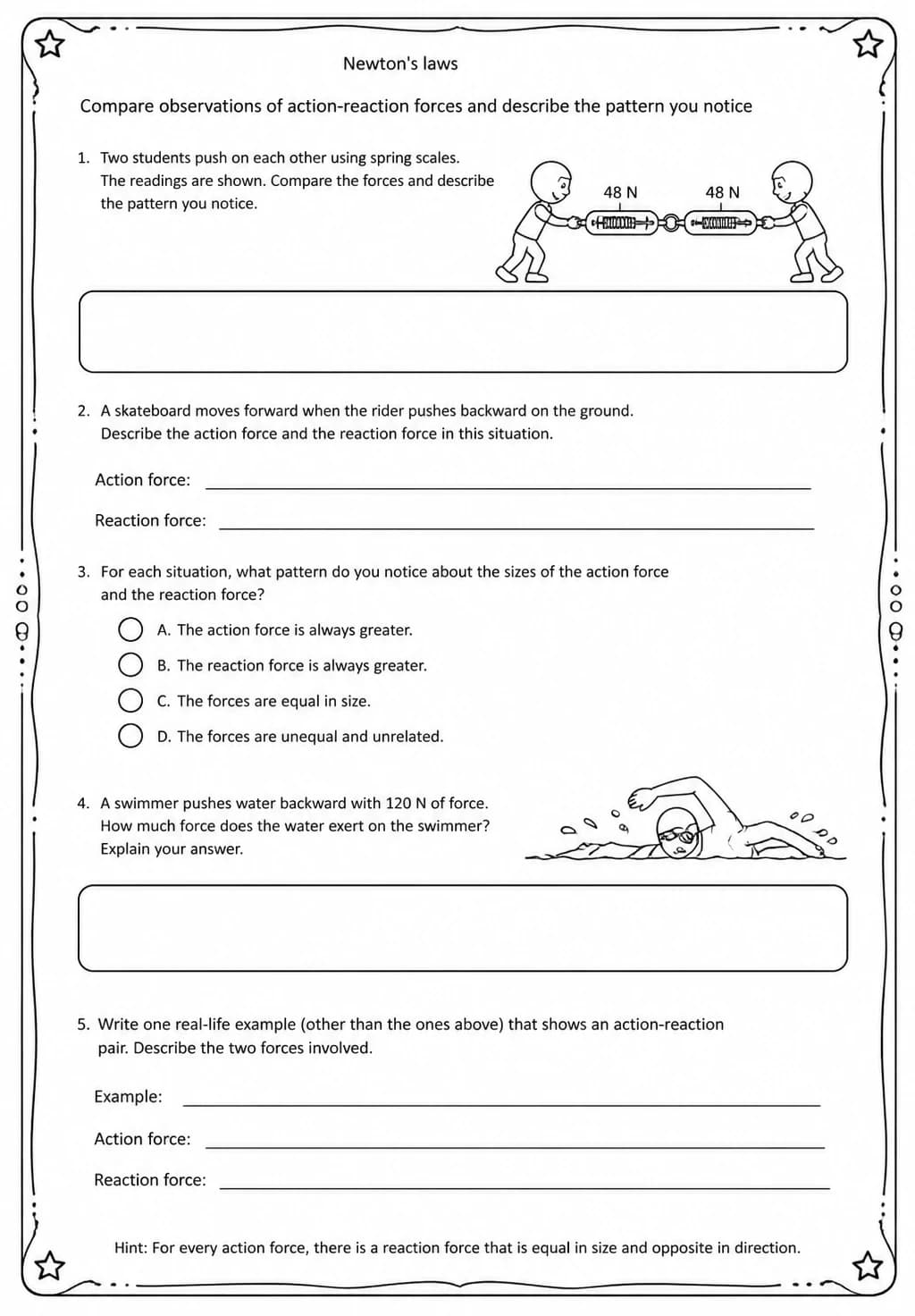 Compare observations of action-reaction forces and describe the pattern you notice — free printable Middle School Science worksheet