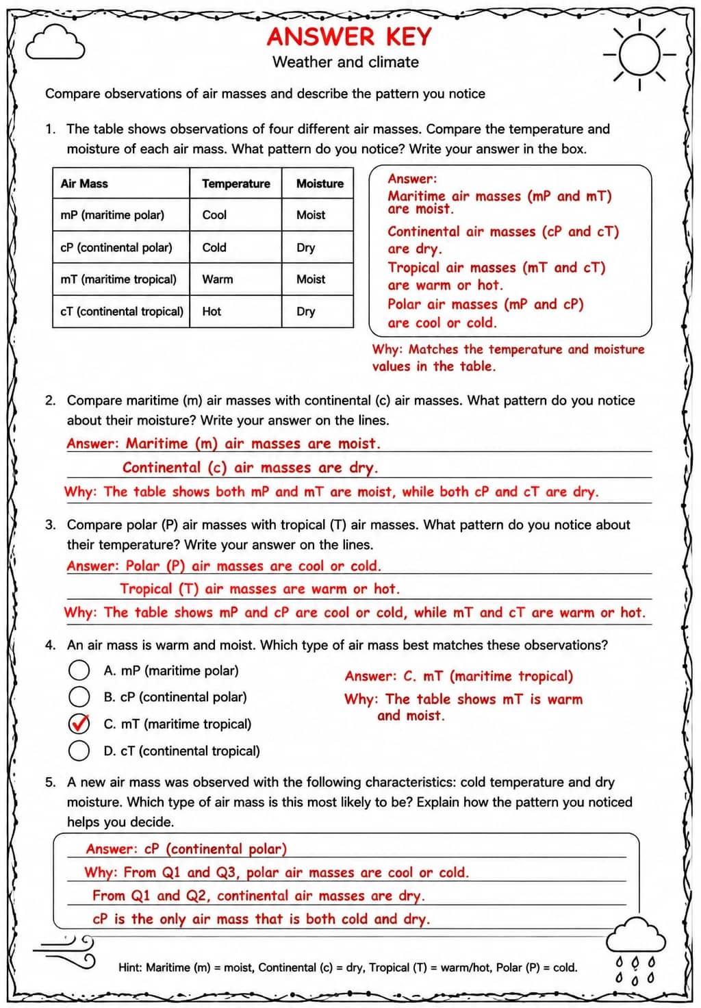 Answer key for Compare observations of air masses and describe the pattern you notice — free printable Science worksheet