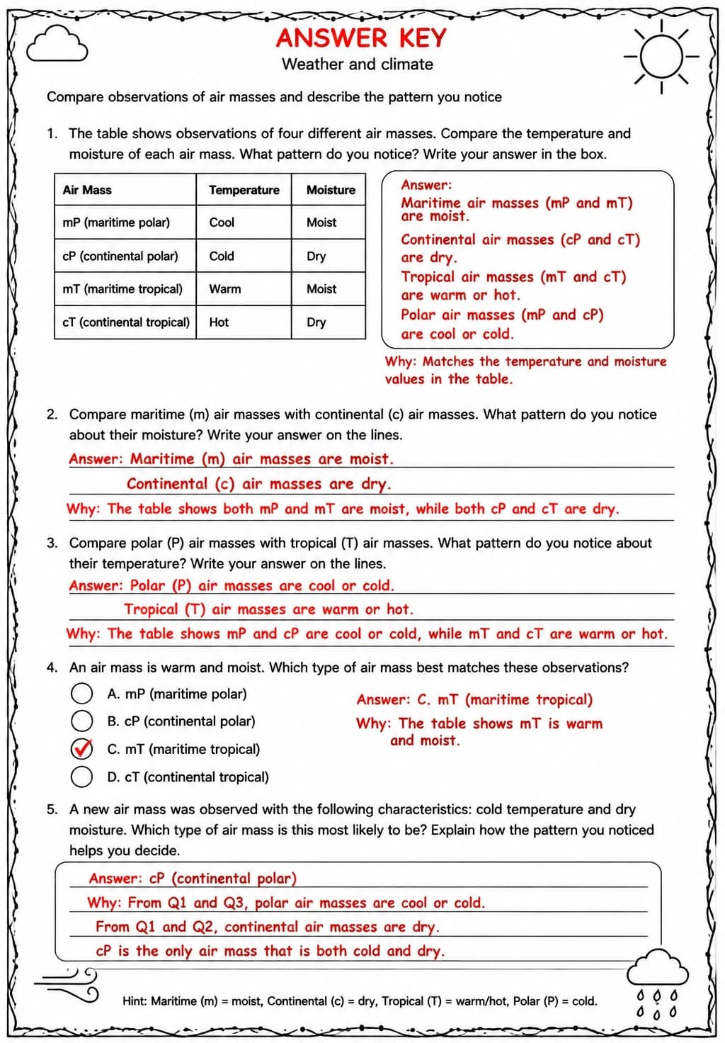 Answer key for Compare observations of air masses and describe the pattern you notice — free printable Science worksheet