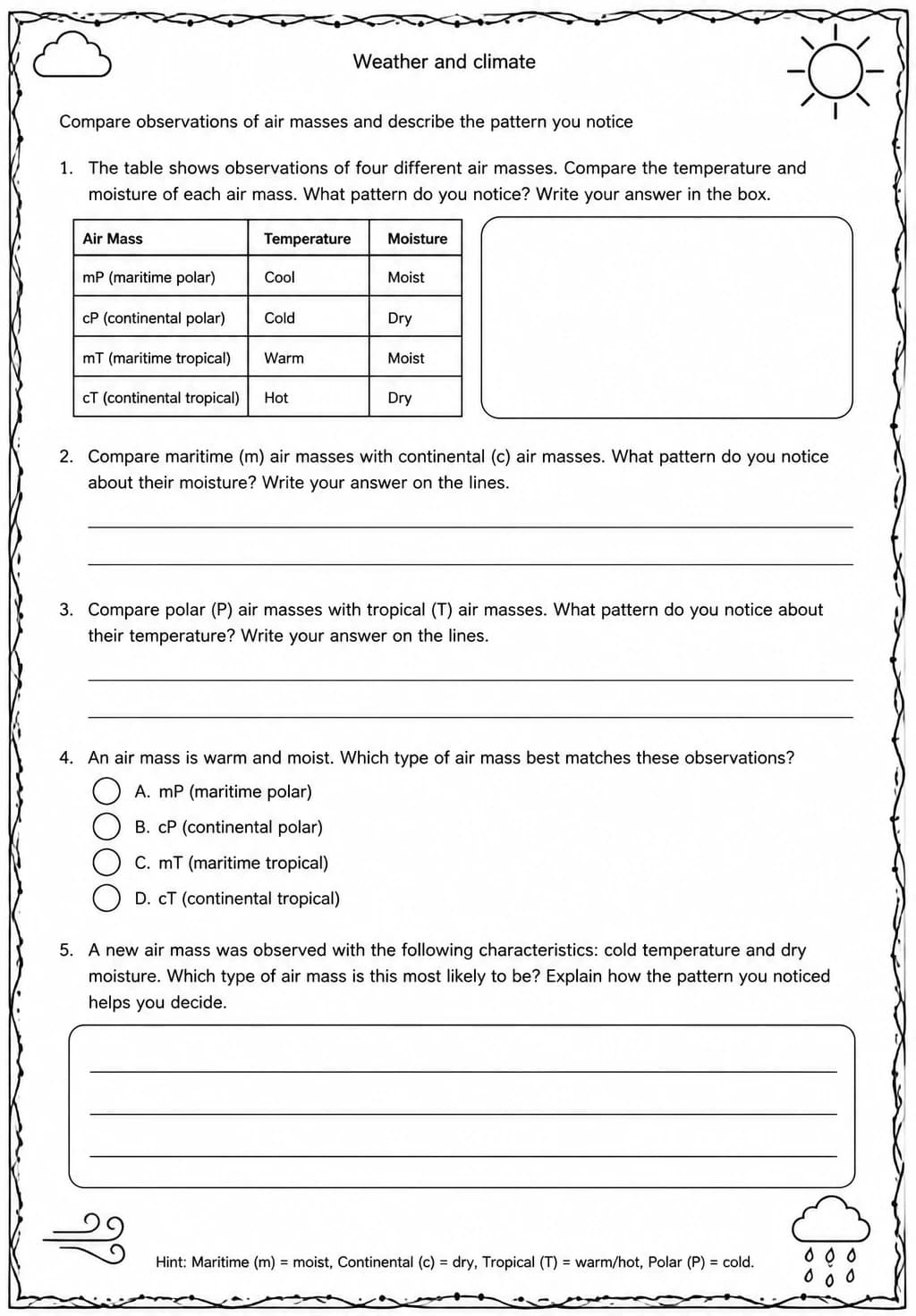 Compare observations of air masses and describe the pattern you notice — free printable Middle School Science worksheet