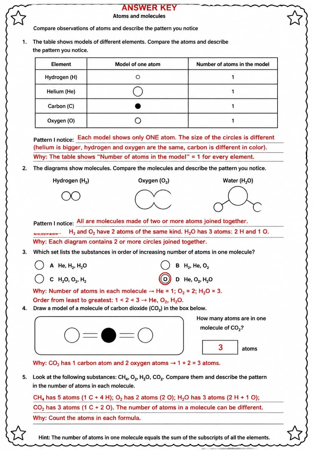 Answer key for Compare observations of atoms and describe the pattern you notice — free printable Science worksheet