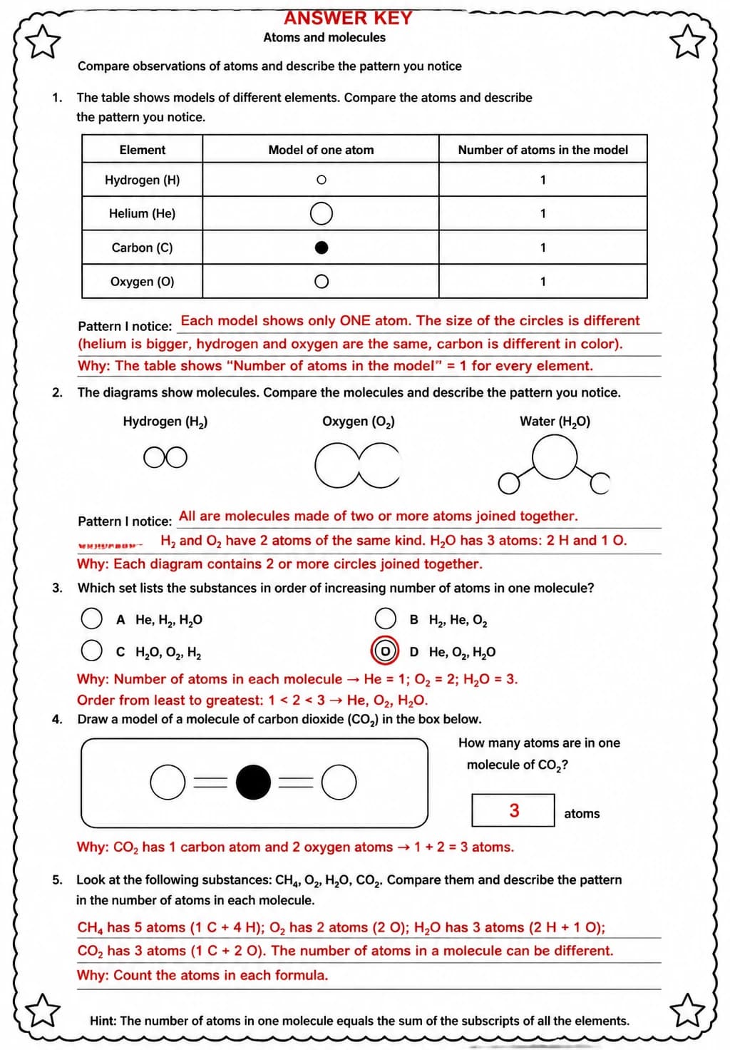 Answer key for Compare observations of atoms and describe the pattern you notice — free printable Science worksheet