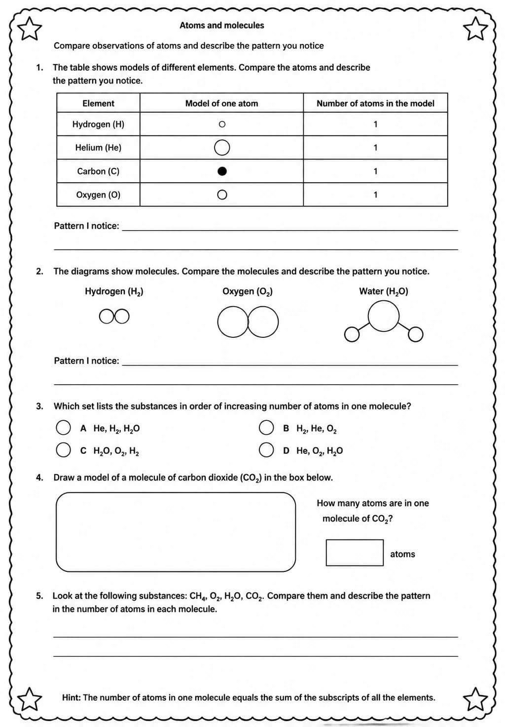 Compare observations of atoms and describe the pattern you notice — free printable Middle School Science worksheet