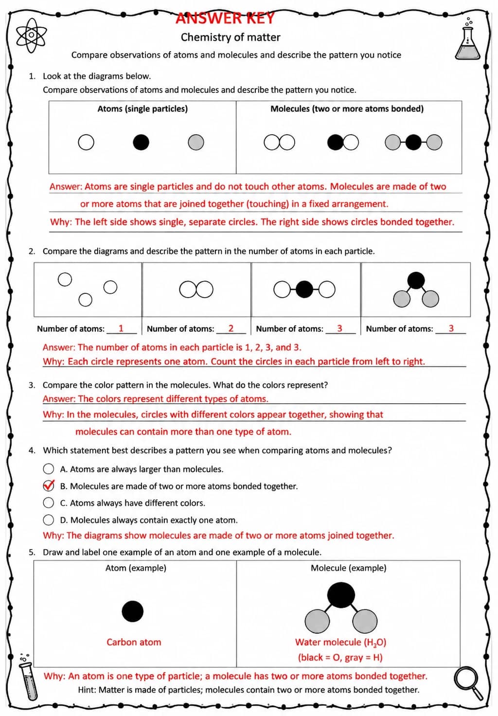 Answer key for Compare observations of atoms and molecules and describe the pattern you notice — free printable Science worksheet