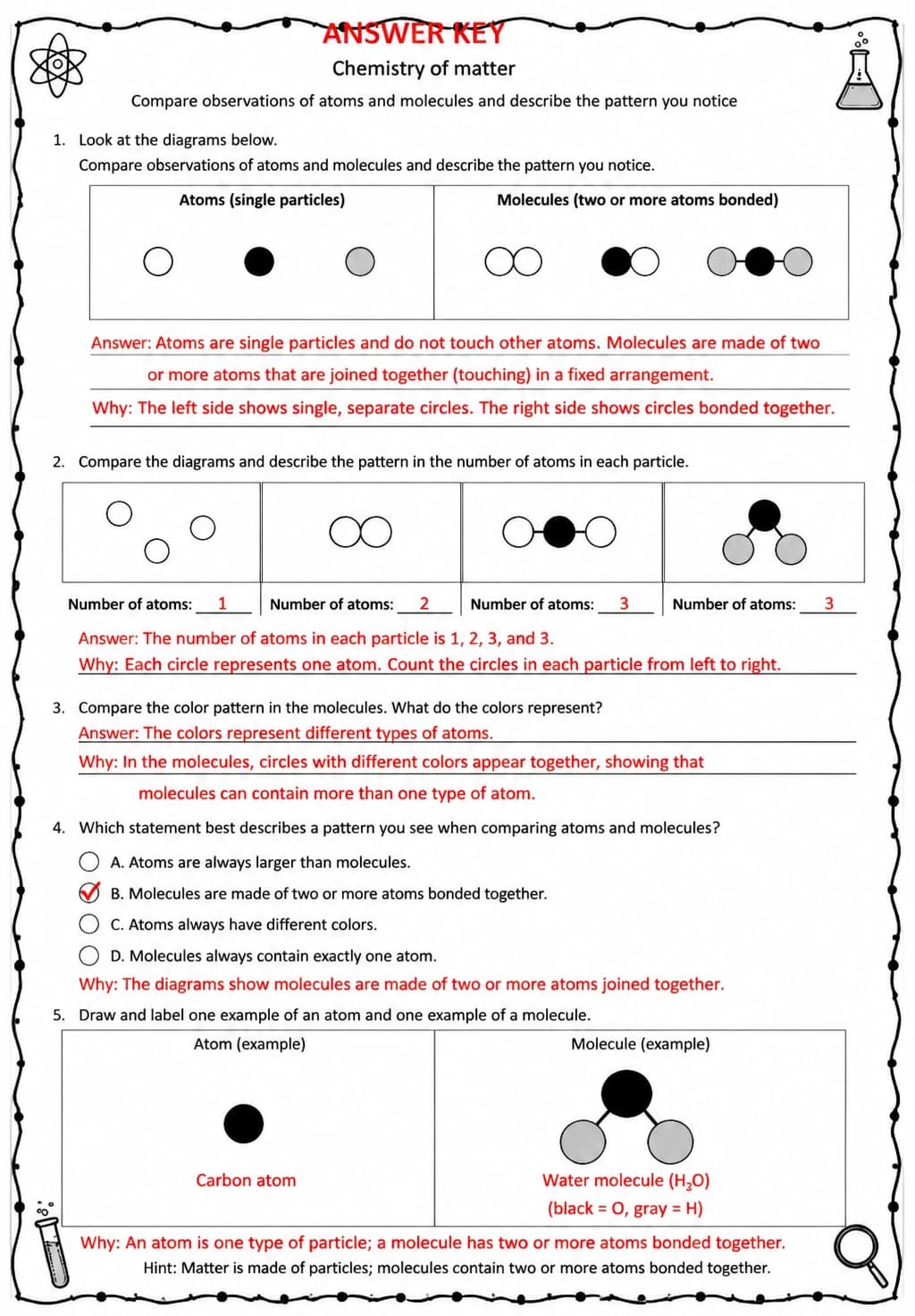 Answer key for Compare observations of atoms and molecules and describe the pattern you notice — free printable Science worksheet