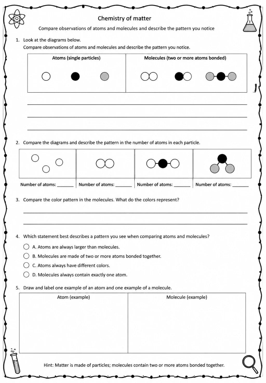 Compare observations of atoms and molecules and describe the pattern you notice — free printable Middle School Science worksheet