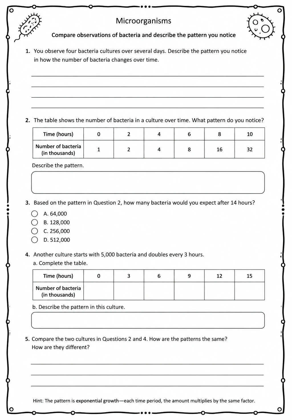 Compare observations of bacteria and describe the pattern you notice — free printable Middle School Science worksheet