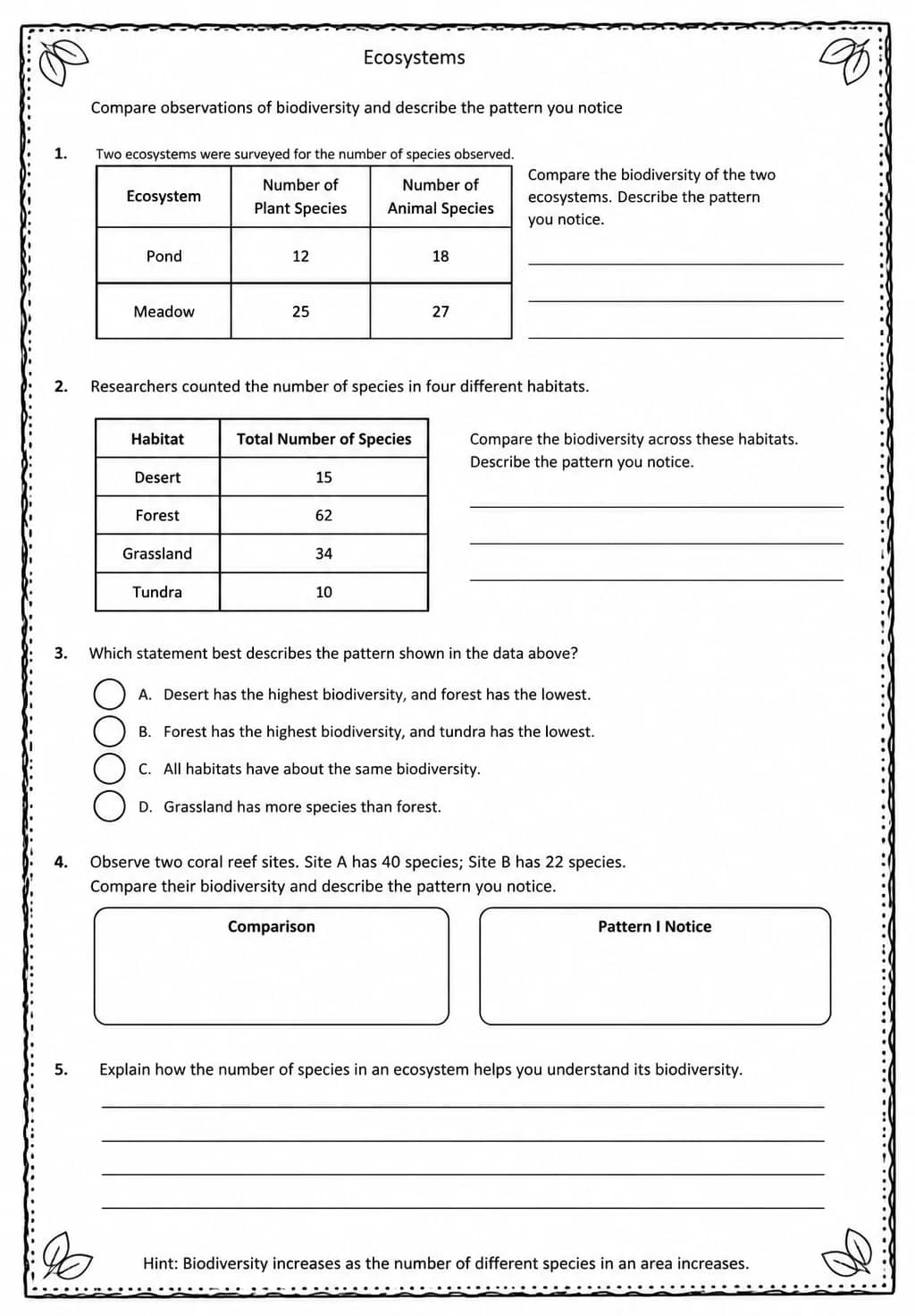 Compare observations of biodiversity and describe the pattern you notice — free printable Middle School Science worksheet